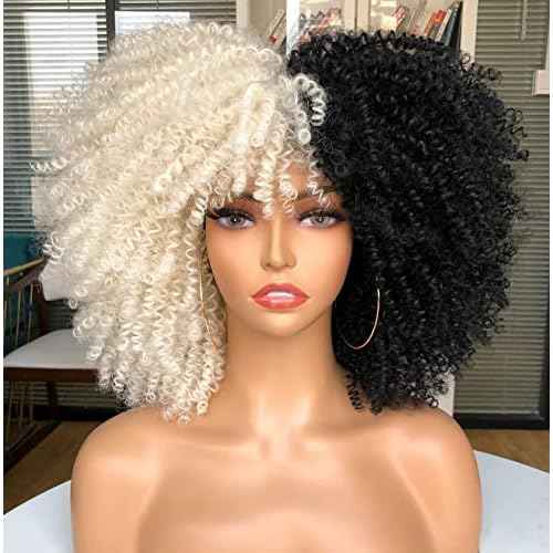 Curly Wig with Bangs for Black Women Short Kinky Curly Wig 14inch Afro Hair Halloween Party Christmas Cosplay Wigs (F1B/60)