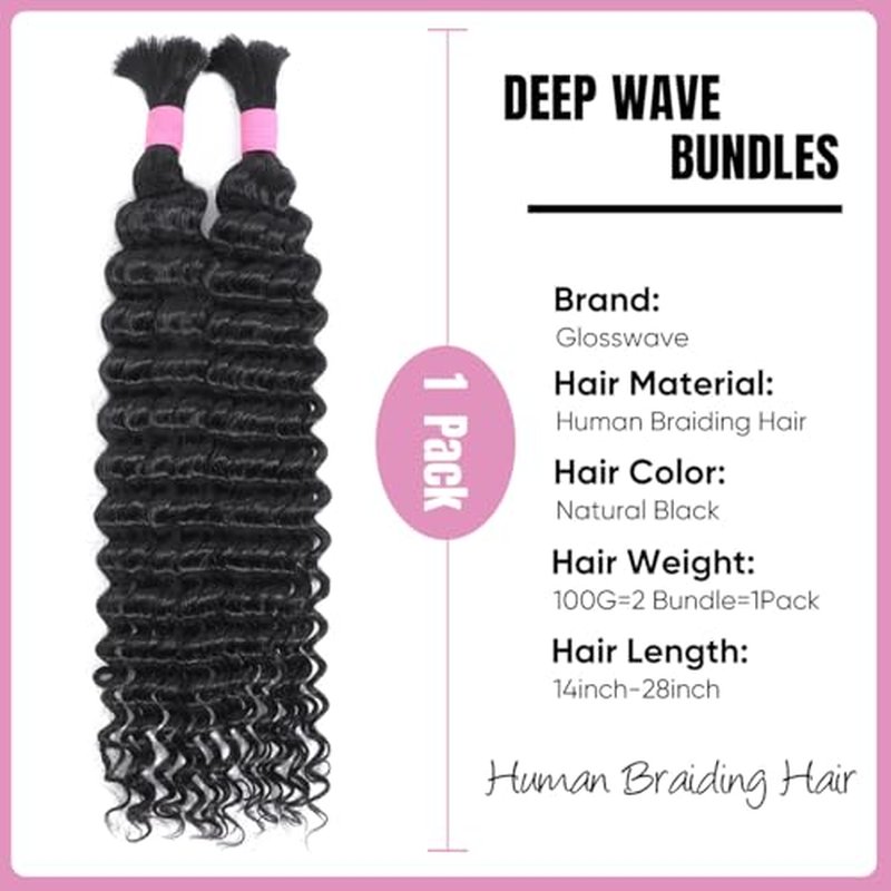 Human Braiding Hair for Boho Braids 20 Inch 2 Bundles 100g Deep Wave Bulk Hair 12A Virgin Curly for Knotless Braids (Natural Color)