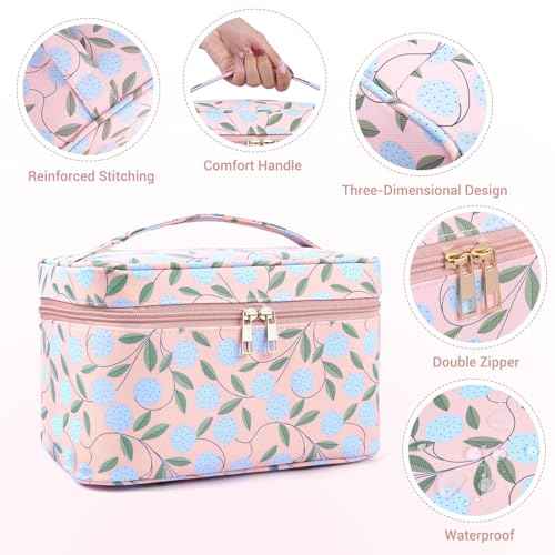 MAANGE Travel Makeup Bag, Cosmetic Bag, Portable Large Capacity Makeup Case, Make Up Organizer For Women, Oxford Cloth Toiletry Bag With Handle (Pink Plants)