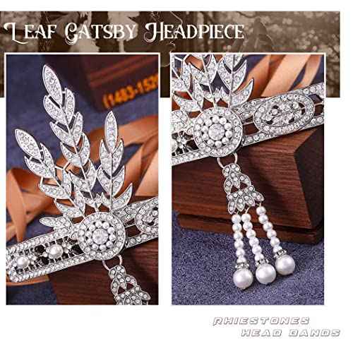 GORTIN 1920's Flapper Headband Inspired Leaf Headpiece Rhiestones Pearl Headdress Cocktail Party Bride Wedding Flapper Hair Accessories for Women and Girls (Silver)