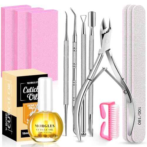 MORGLES Nail File and Buffer Blocks with Nail Care Kit, 13 Pcs Manicure Kit for Women with Milk and Honey Cuticle Oil and Cuticle Trimmer Set