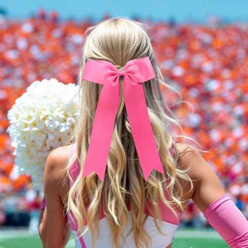 OAOLEER 16pcs Cheer Hair Bows for Cheerleader, College Style Long Tail Skinny Cheer Bow Elastic Hair Tie Bows for Teens Girls Softball Competition Sports Cheerleaders (Pink)