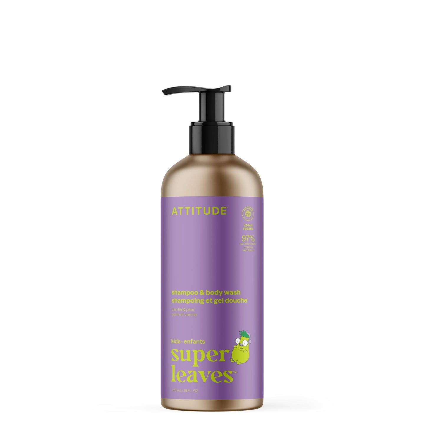 ATTITUDE Shampoo and Body Wash for Kids, EWG Verified Hair and Body Cleanser, Dermatologically Tested Soap, Plant and Mineral Based Bath Products, Vegan, Refillable Bottle, Vanilla and Pear, 16 Fl Oz