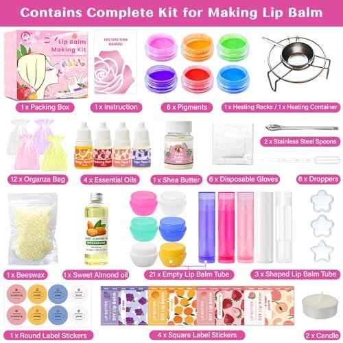 DIY Lip Balm Making Kit Teen Girl Gifts Trendy Stuff Make Your Own Lip Gloss Set with Natural Beeswax, Shea Butter,Sweet Almond Oil,24 PCS Lip Blam Containers