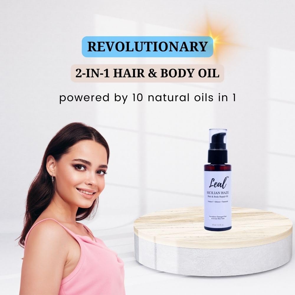 Leal Hair & Dry Body Oil, Brightening Glow Oil, Hibiscus Hair Oil, After Shower Body Oil Scented & Hair Serum, Natural Plant Oils Skin Pigmentation, After Shave Dry Oil, Sicilian Olive Oil- 60ml
