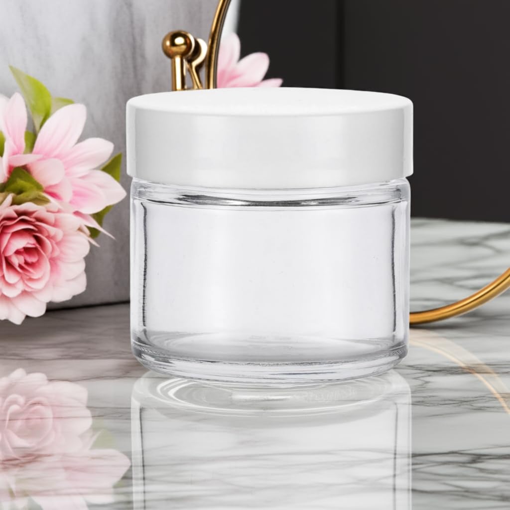 2 oz Clear Glass Jar with White Smooth Lined Lids (12 Pack)