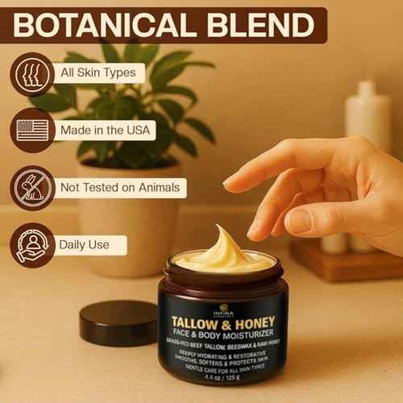 Beef Tallow for Skin with Honey - Grass Fed Beef Tallow for Face Wrinkles - Hydrating Cream Face and Body Moisturizer with Raw Honey and Olive Oil for Dry Skin, Hands, Feet - 4.4 oz