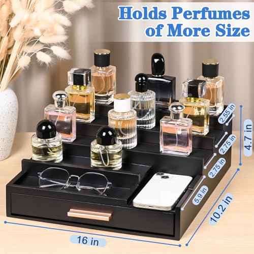 Cologne Organizer for Men, 5 Tier Wooden Perfume Organizer Display with Drawer and Hidden Compartment, Cologne Stand, Perfume Stand, Display Risers, Gift for Men (Black)