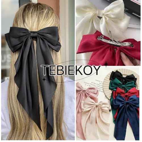 12PCS Hair Bows for Women Big Silky Satin Bow Clips with Long Tails Oversized, Cute Halloween Christmas Hair Accessories for Women, Aesthetic Large Ribbons Bow