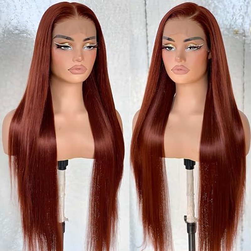 BlackSwern 13x6 HD Glueless Lace Frontal Wigs Pre-Plucked, 200 Density Ginger Similar Human Hair Synthetic Long Straight Lace Front Wig Ready to Wear, 26inch #Reddish Brown
