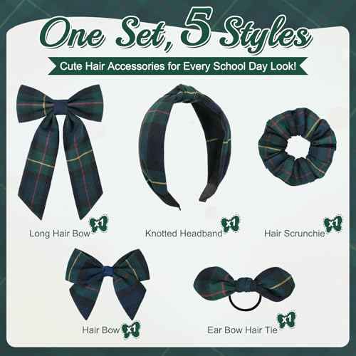 DEEKA 5 Styles Uniform Plaid Long Tail Hair Bows Knotted Headband Scrunchies Bow Set Alligator Clips Back to School Accessories for Toddler Little School Girls (Dark Green, Navy, Red&Yellow 5 Styles)
