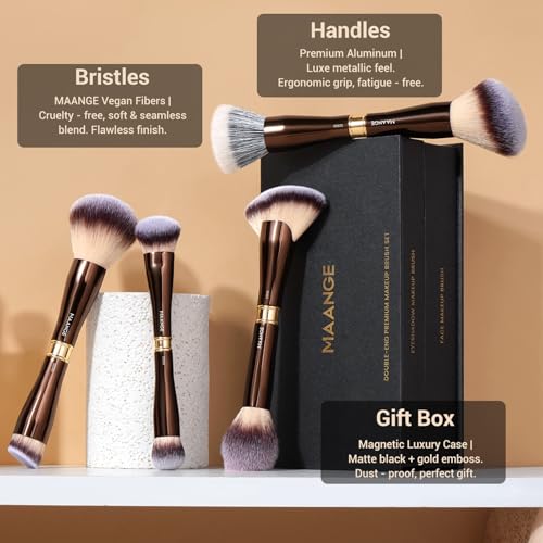 MAANGE Makeup Brush Set with Mirror Double-ended Kabuki Makeup Brushes For Foundation Contour Liquid Powder Concealer Eye Shadows Cream Cosmetics Blending Blush Makeup Tools (Coffee Brown, 8 PCS)
