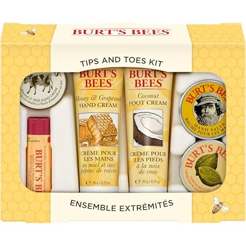 Burt's Bees Gifts Ideas - Tips and Toes Set, 6 Travel Size Products in Gift Box - 2 Hand Creams, Foot Cream, Cuticle, Hand Salve and Lip Balm
