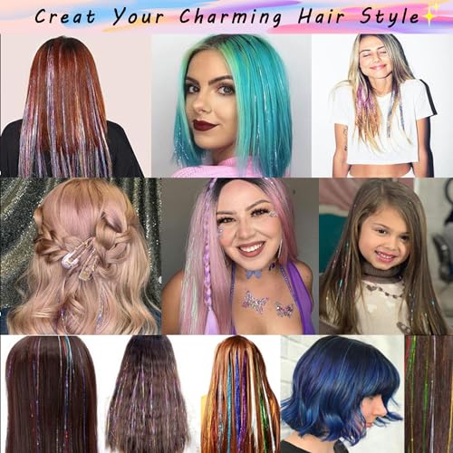 25 Colors Tinsel Hair Extension Heat Resistant With Tool,48 Inches 6000 Strands Fairy Hair extension kit for Halloween Cosplay Christmas New Year Birthday Theme Party,Highlights Sparkling Glitter Hair