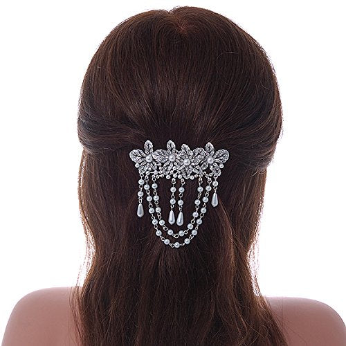 Rhodium Plated Floral Barrette Hair Clip - Clear Crystal & White Faux Pearl | 95mm