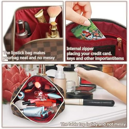 Leather Checkered Makeup Bag, 2 Pack Portable Cosmetic Bag, Large Capacity Waterproof Travel Toiletries Bag for Women, Christmas Gifts