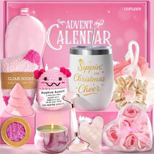 Spa Advent Calendar 2025 Adult Women Teen Girls - Christmas Bath Advent Calendar for Mom, Wife, Girlfriend, Sister, Her - Pink Spa Gifts Basket Set with Mugs, Bath Bomb, Shower Steamer, Candle & Relaxing GuaSha Tools