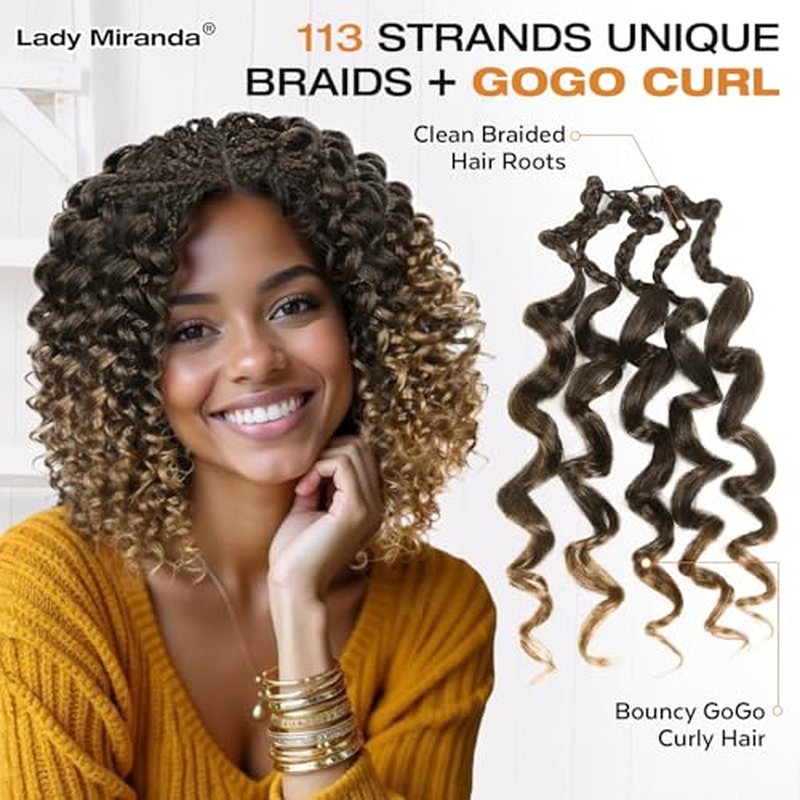 Lady Miranda Double Full Lace GoGo Curl Braided Wigs for Black Women Synthetic Lace Front Wigs Natural Knotless Curly Braided Wig with Baby Hair(1B/27, 12 Inch)
