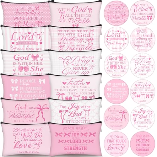 Geelin 24 Pcs Pink Bow Christian Gifts Bulk for Women 12 Coquette Bow Knot Religious Canvas Makeup Bags 12 Bible Verse Compact Mirrors Inspirational Church Party Gifts for Women Mother Sister
