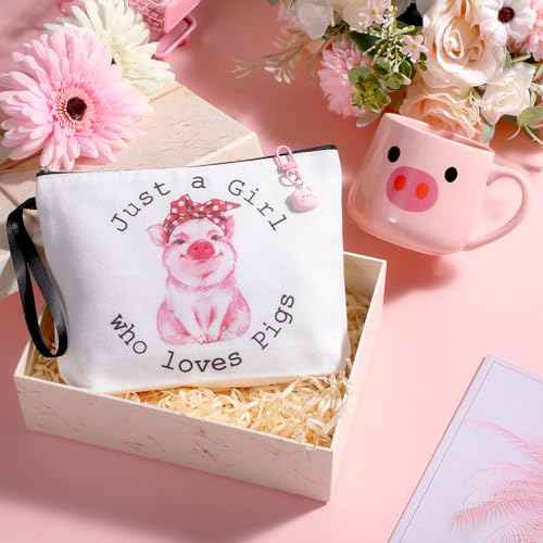 3 Pcs Cow Pig Lovers Gifts for Women Funny Travel Makeup Bag Portable Cosmetic Bag Cute Coffee Mug 11.8 oz Stainless Steel Keychain for Women Graduation Animal Lovers Gifts(Pig Style)