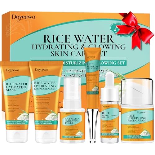 Skin Care Set,6Pcs Women Teen Glass Skincare w/Korean Rice Extract,Hydrate Glow Repair Anti-Aging Facial Routine Kit Gift for Women Mom Wife Teenage Girl Trendy Stuff Christmas Gifts Stocking Stuffers