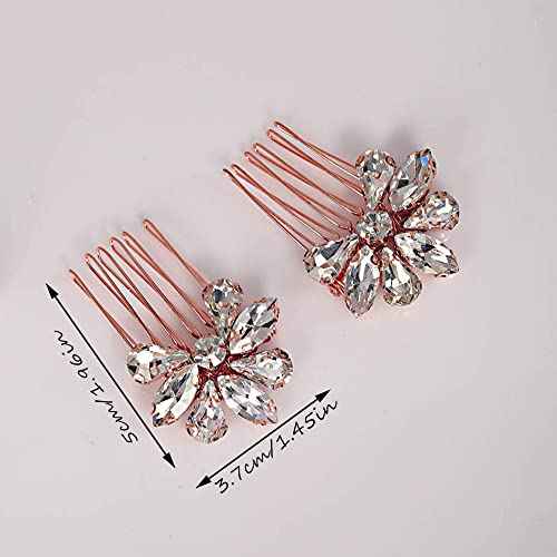 Teyglen Simple Rhinestones Crystal Bride Wedding Hair Comb Set Handmade Red Blue Black Crystal Side Hair Combs Bridal Hair Jewelry Set for Women Bride Girls (Dark Blue)