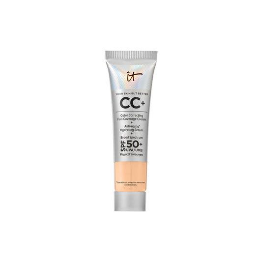 IT Cosmetics CC+ Cream Travel (Light Medium Warm) - Natural Full Coverage Foundation With SPF 50+, Color Corrector & Anti-Aging Hydrating Serum, Hyaluronic Acid + Peptides, Up To 24H Wear - 0.4 fl oz