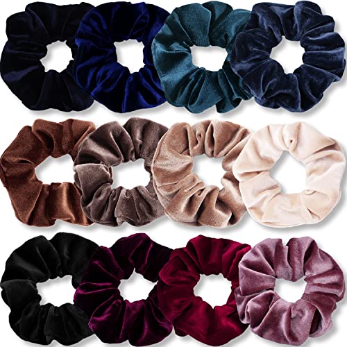 IVARYSS Velvet Scrunchies for Women, 12 Pcs Dark Colors Classic Elastic Thick Scrunchy Bands Ties, Soft Ropes Ponytail Holder Hair Accessories