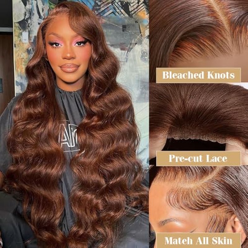 Chocolate Brown Body Wave Glueless Wig Human Hair Pre Plucked Pre Cut Glueless Lace Front Wig Ready to Wear 6x4 Body Wave 180% Density Closure Wig Natural Hairline (#4 Brown, 14 Inch)