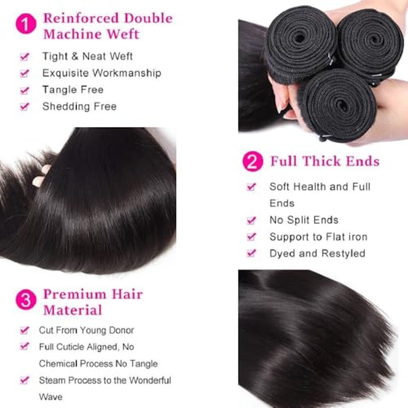 12A Human Hair Bundles 16 18 20 Inch Straight Human Hair 100% Unprocessed Brazilian Virgin Weave Hair 3 Bundles Deals