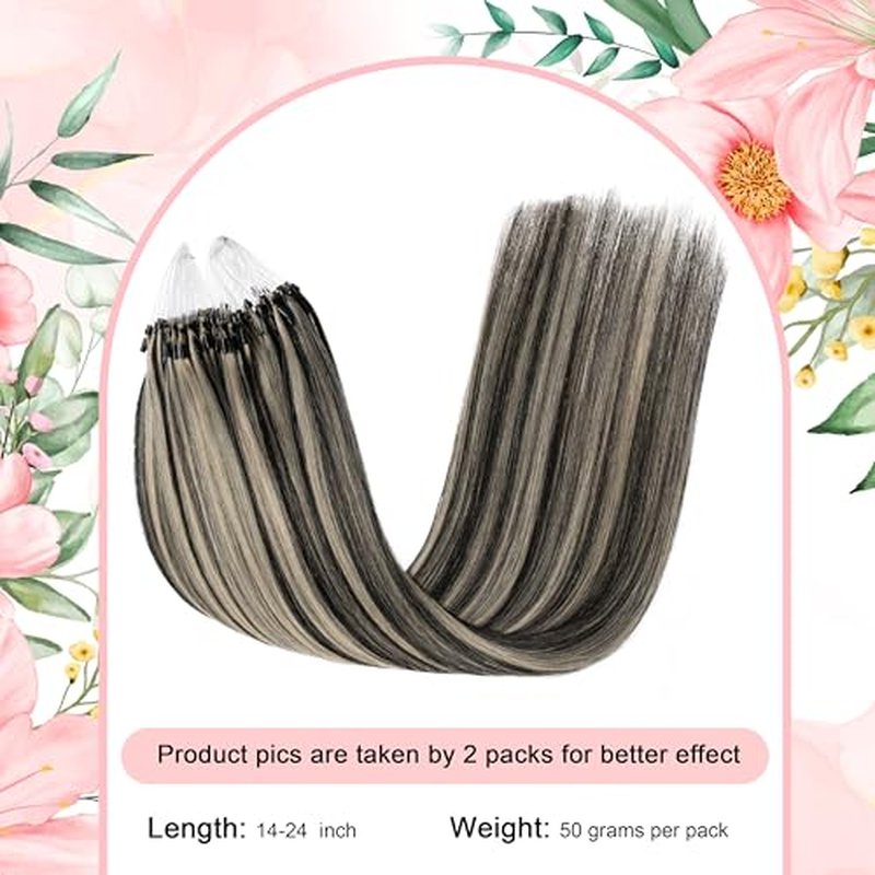 Micro Beads Hair Extensions Real Human Hair Brown Micro Loop Human Hair Extensions 16 Inch #1B/613 Straight Remy Human Hair Micro Link Hair Extension 1g/Strand 50g(#1B/613, 16inch)