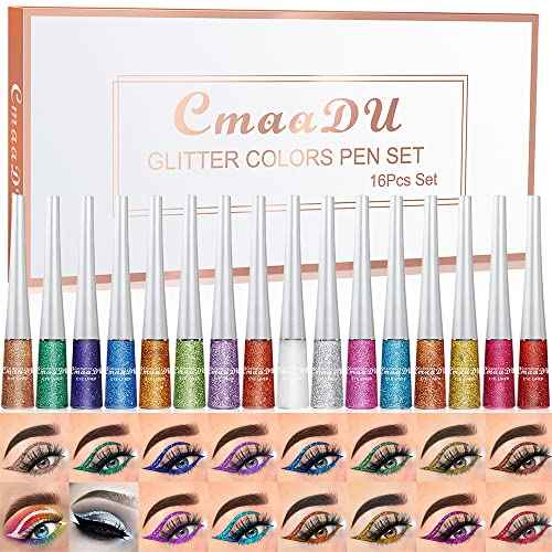 BONNIE CHOICE 16 Colors Glitter Eyeliner Liquid Set, Metallic Glitter Liquid Eyeshadow, Waterproof Long Lasting White Silver Rose Gold Pink Colorful Rainbow Eyeliners Christmas Gifts for Women