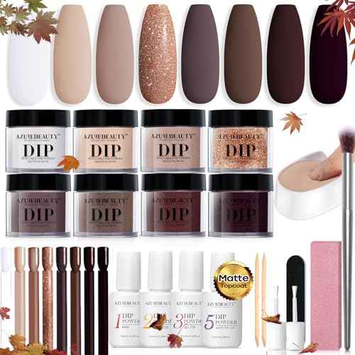 AZUREBEAUTY 30Pcs Dip Powder Nail Kit Starter, 8 Colors Fall Nude Brown Glitter Purple Nude with Nail Sticks, Nail Art Liquid Set with Matte/Base/Top Coat Activator for French Manicure Salon
