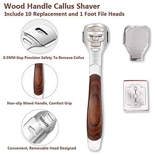 Colossal Foot Rasp & Wood Handle Callus Shaver (10 Replacement & 1 File Foot Heads), Pedicure Foot File Kit, Heel Scraper for Feet, Foot File Callus Remover