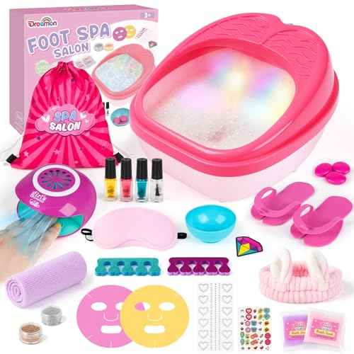 Dreamon Kids Foot Spa & Nail Kit Set - 25 Pcs Kids Spa Day Kit with Middle Size Rainbow Light Massage Foot Soak Tub - Manicure Pedicure Art Salon Girl Stuff - Christmas Birthday Gift for 3-12 Year Old