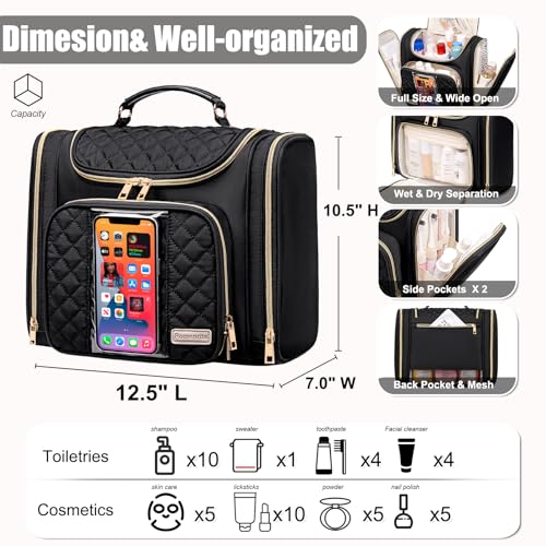 Travel Toiletry Bag for Women, Hanging Toiletry Bag, Bathroom Bag Portable Shower Caddy for College Dorm Travel Shower Bag for Women Water-Resistant Cosmetic Makeup Bag (Black)