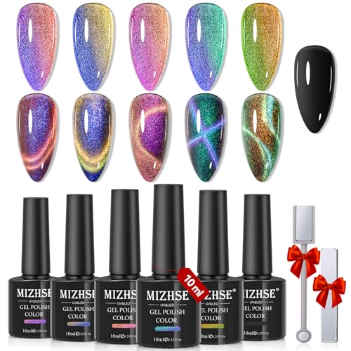 MIZHSE 9D Cat Eye Gel Nail Polish Set, Magnetic Gel Polish 10ml 6 Colors with 2 Magnet Sticks, Chameleon Galaxy Shiny Magic Effect Cateye Nail Polish Soak off Nail Art Gift for Women