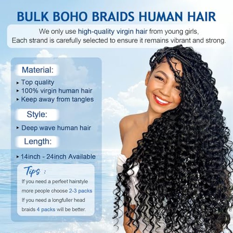 Human Braiding Hair for Boho Braids 110g Curly Boho Hair for Braiding Knotless 12A Wet and Wavy Bulk Bohemian 3 Bundles/Pack Deep Wave 100% Human Hair Extensions Natural Color 20inch
