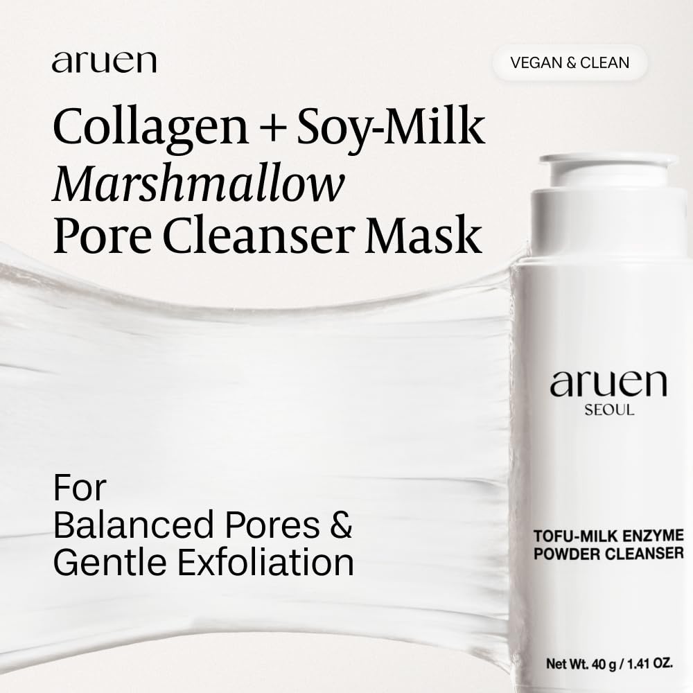 aruen Tofu Collagen Enzyme Powder Cleanser – Fermented Soy-Milk with Collagen & Hyaluronic Acid – Korean Gentle Exfoliating Powder Face Wash for Deep Cleansing & Pore Care (1.41 oz / 40g)