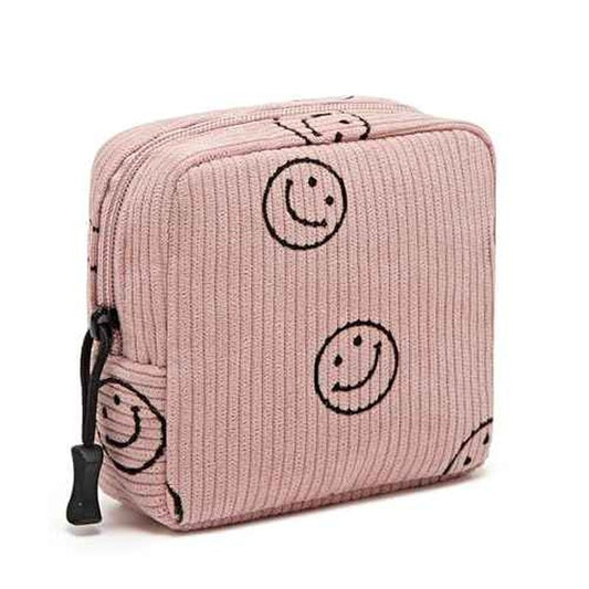 Small Makeup Bag for Purse,Mini Cosmetics Bag cute Zipper corduroy Cosmetic Pouch Storage Pouch Travel Toiletry Organizer for Women Girls(Smiley Face,Pink)