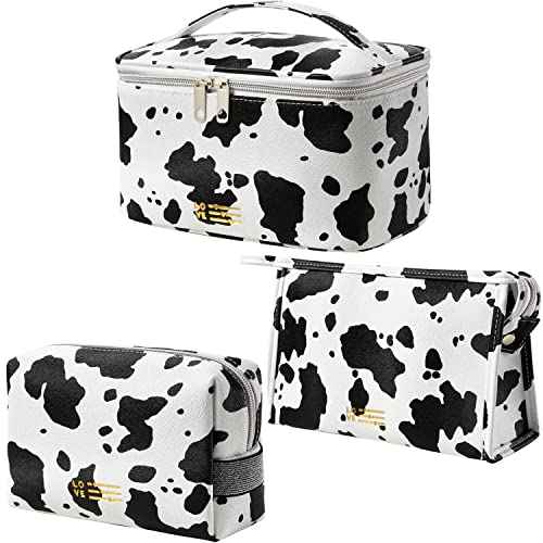MIRASON Makeup Bag Travel Toiletry Bag for Women, Cute Make Up Bag Set of 3 for Purse Pouch Zipper Makeup Organizer Bag PU Leather Washable Waterproof Cosmetic Bag (Cow Print)