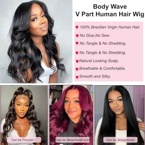 V Part Wig Human Hair 14 inch Upgrade U Part Wigs Body Wave for Black Women Beginner Friendly No Sew In and No Leave Out Glueless Brazilian Virgin Hair Natural Black Color 180% Density
