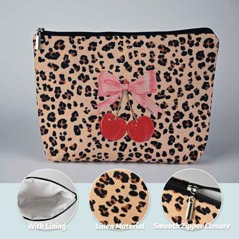 Leopard Print Cherry Makeup Bag,Cosmetic Bag for Women, Large Capacity Toiletry Bag,Zipper Pouch, Travel Accessories Storage with Lining