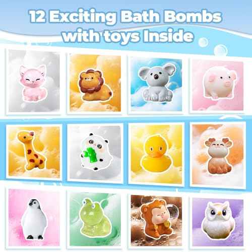 Bath Bombs for Kids with Surprise Toys Inside, 12 Pcs Bubble Bath Fizzy Balls with 12 Animal Shapes, Natural Bath Bombs Easter Christmas Children's Day Gift Set for Kids Girls Boys Toddlers