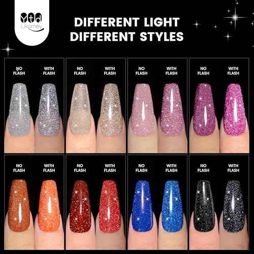 YTD Likomey Reflective Glitter Gel Nail Polish Set,Fall Winter Falsh 8 Colors Holographic Diamond Sparkly Black Silver Gold Blue Red Pink Plum Orange Salon Home UV Color Varnish Gift,0.25 Fl Oz 7.5 ml
