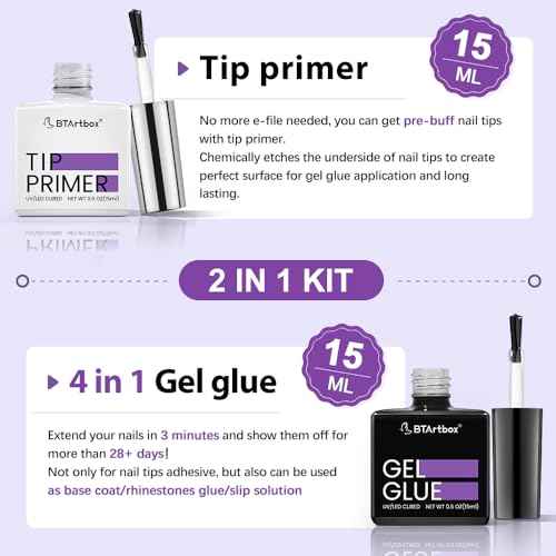 BTArtbox Nail Glue & Primer Set - 2 x 0.5 Fl Oz Acrylic French Ballerina Nail Gel, Long Lasting Super Strong 4 in 1 UV Nail Gel for Press On Nails