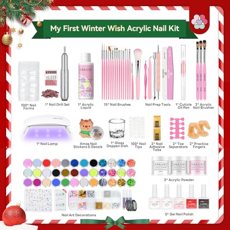 SAVILAND Acrylic Nail Kit Christmas Advent Calendars: Premium Acrylic Nail Kit with Nail Drill Xmas Stickers 24 Days Christmas Manicure Gift Set For Women Girls Limited Winter Holiday Gifts