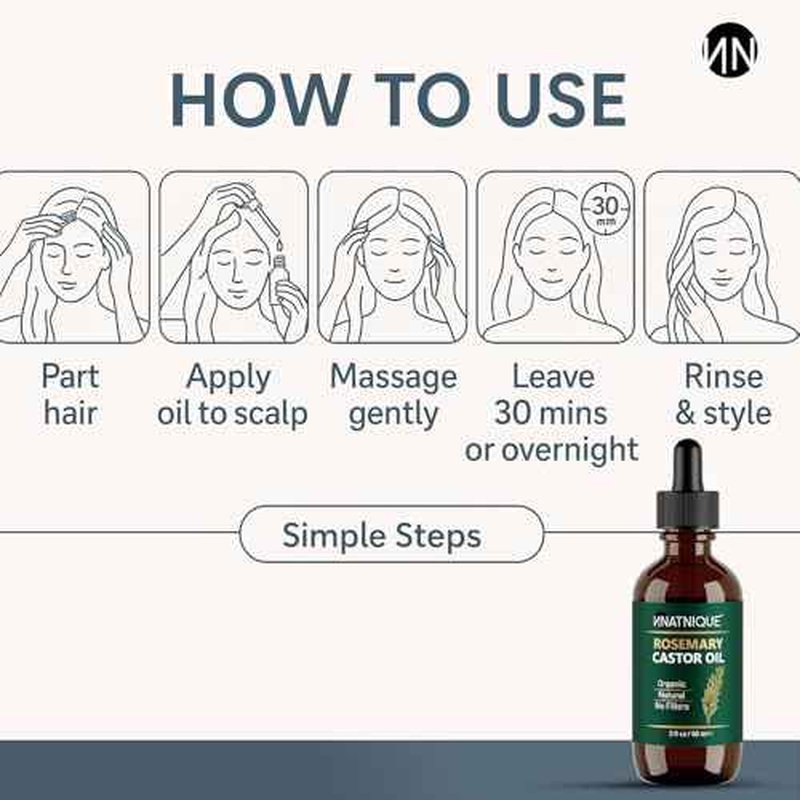 Natnique Rosemary Castor Oil ? 100% Pure Cold-Pressed Organic Hair Growth Oil, Hexane-Free Scalp Serum & Moisturizing Treatment for Dry Scalp, Fuller Hair, Stronger Roots & Natural Care ? 2oz