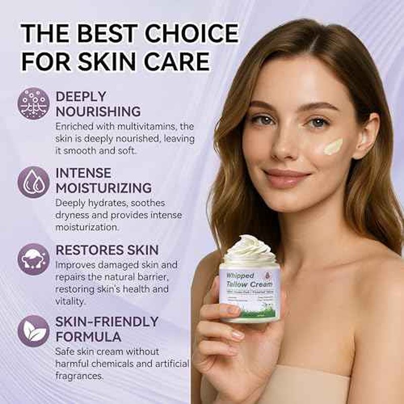 Beef Tallow for Skin, Organic Tallow Face Moisturizer, Whipped Grass Fed Beef Tallow Balm Cream for Skin Care Face Body, Deep Hydrate and Nourish Dry Skin, Lavender - 4 oz