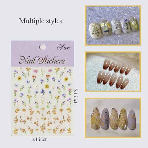 2PCS Silicone Nail Art Ombre Applicator, One Sheet Flower Stickers Decals, for Chrome Nail Powder, Floral Plant leaf Design of 5D Embossed Self-Adhesive Decoration Set, for Beginners